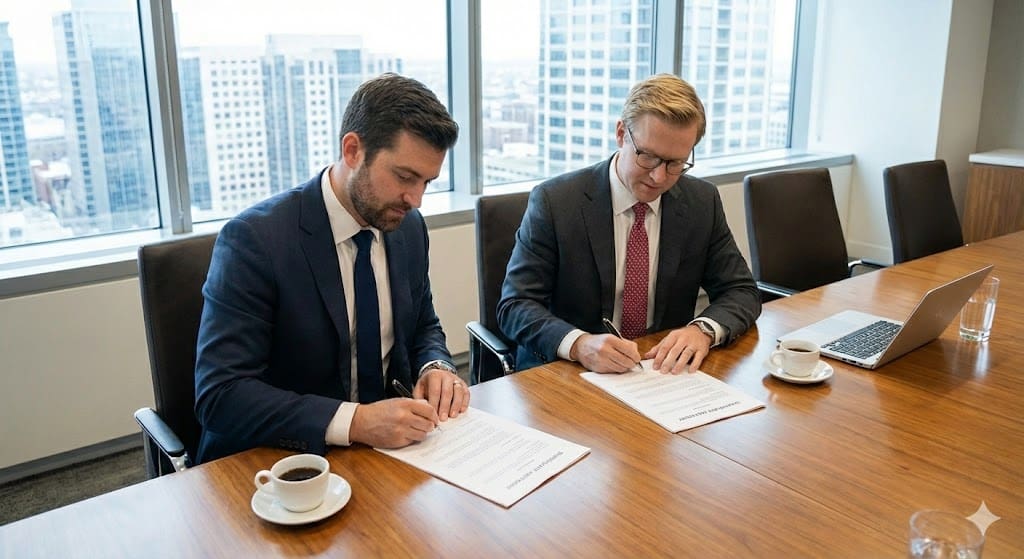 Sharing Business Ownership via Operating Agreement Two diverse business partners shaking hands over an Operating Agreement document, illustrating the legal process of sharing business ownership through equity compensation.