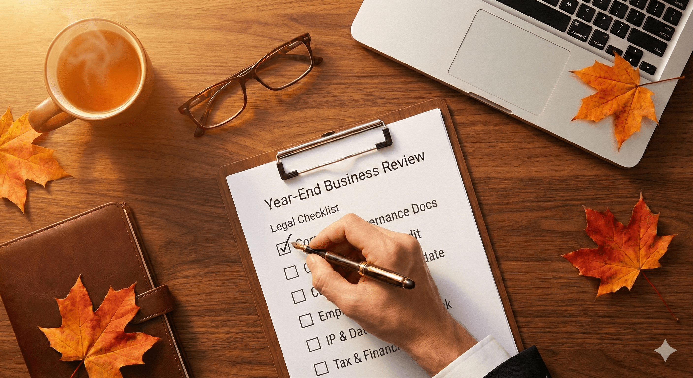 A business owner conducting a legal checkup on a wooden desk decorated with autumn leaves, reviewing a checklist for corporate governance and HR compliance